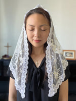 Load image into Gallery viewer, St. Margaret of Cortona Floral Tulle Triangular Mantilla (Ivory/Gold)
