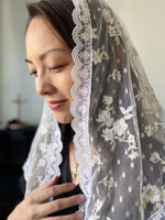Load image into Gallery viewer, St. Margaret of Cortona Floral Tulle Triangular Mantilla (Ivory/Gold)
