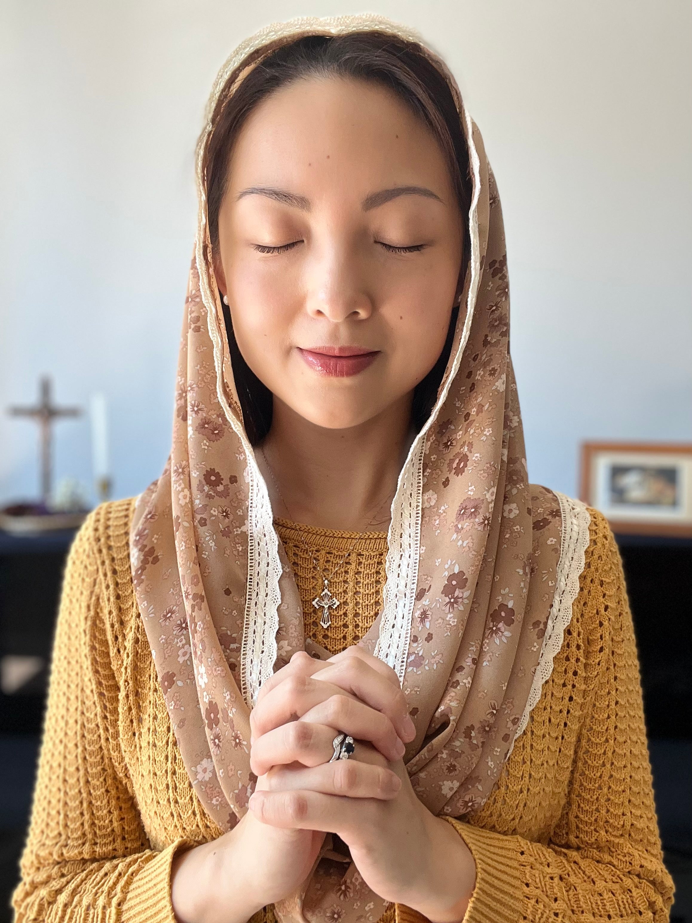 St. Teresa of the Andes Chiffon Infinity Veil (Brown Floral)