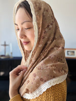 Load image into Gallery viewer, St. Teresa of the Andes Chiffon Infinity Veil (Brown Floral)
