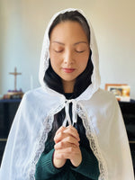 Load image into Gallery viewer, &quot;Vessel of the Holy Spirit&quot; White Hooded Mantilla (Long Length)
