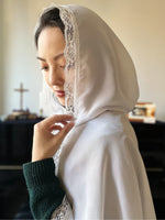 Load image into Gallery viewer, &quot;Vessel of the Holy Spirit&quot; White Hooded Mantilla (Long Length)
